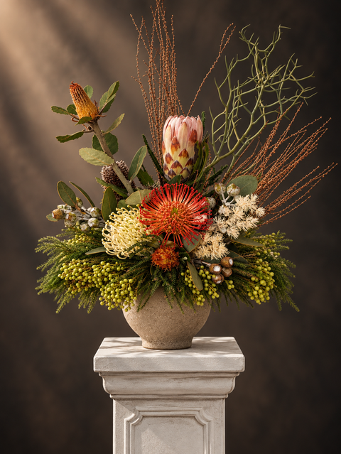Luxury Australian native flower arrangement in Sydney featuring protea, banksia, coral pincushion flowers and cream native blooms, styled with sculptural branches and green foliage in a textured ceramic vase by Elysian & Bloom.