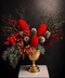 Australian native decorative floral arrangement with red and silver flowers in a gold vase on a dark background