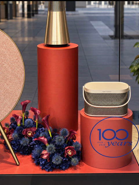 Red and blue corporate floral arrangement for Bang & Olufson Sydney Flagship Store Opening
