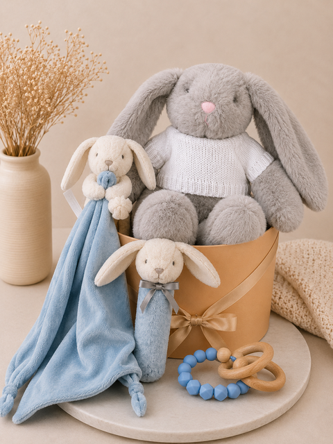 Bunny gift hamper with soft plush, comforter, squeaky toy and teether in blue