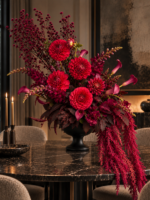 Crimson Nocturne Burgundy and red floral arrangement featuring calla lilles, snapdragon, dahlias and amarnthys