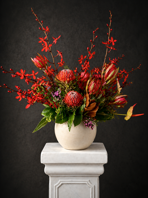 Decorative floral arrangement with red orchids and Natives in a beige vase on a white pedestal against a dark background