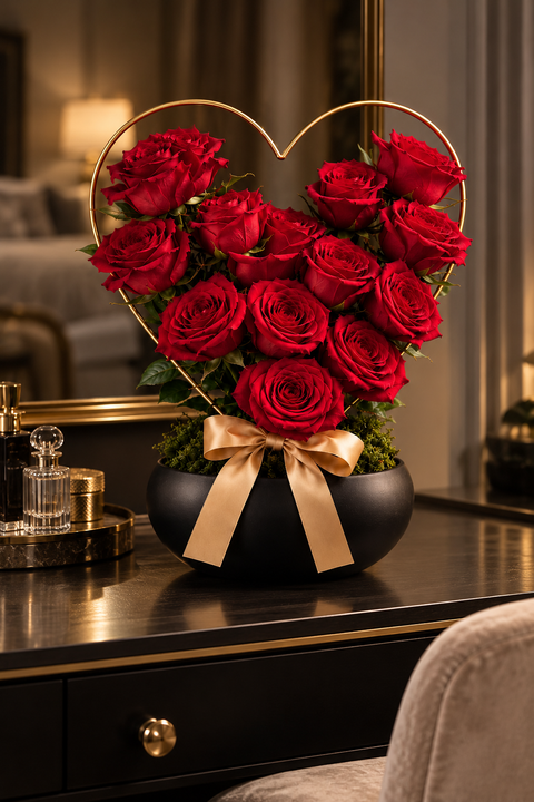 Heart shaped red roses on a Luxe Vanity in a black bowl with a gold ribbon
