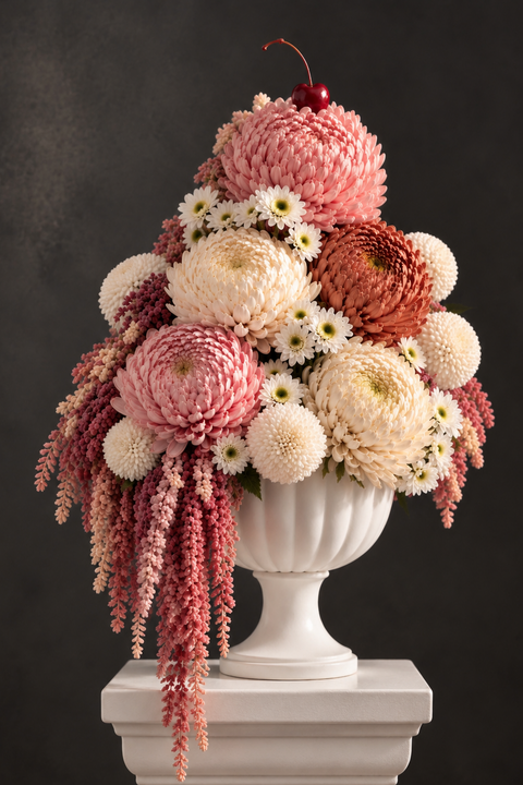 Napoletana Sundae luxury flower arrangement featuring pink, cream and caramel chrysanthemums with cascading pink botanicals in a white pedestal vase.