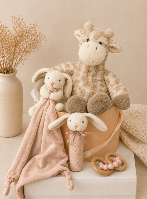 A styled nursery gift set featuring a plush giraffe, a plush bunny, a soft pink security blanket, a wooden teething ring, and a wooden teething toy with pink beads, arranged in a basket on a white block with dried flowers in the background.