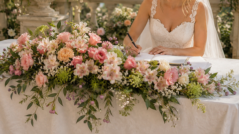 Woman in a wedding dress signing a document at a decorated table with flowers.