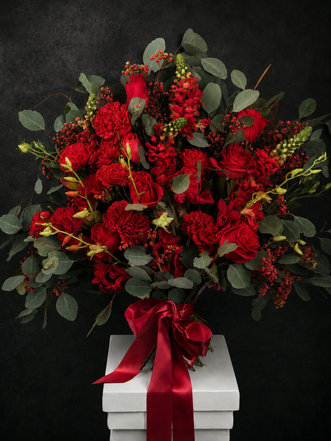 Bouquet of red flowers with eucalyptus leaves, including red roses