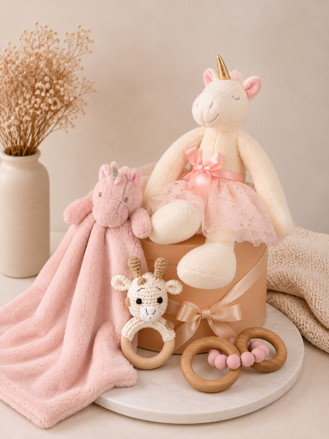 A soft plush unicorn toy in a pink tutu sits on a beige gift box, styled with a pink plush blanket, a small stuffed animal, wooden teething rings, and a neutral fabric backdrop.