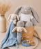 Bunny gift hamper with soft plush, comforter, squeaky toy and teether in blue