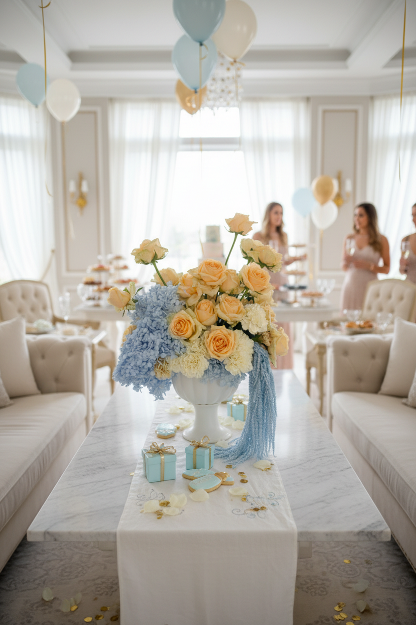 This sculptural bouquet features premium champagne roses in warm, buttery tones, delicately layered with voluminous blue hydrangea to create a cloud-like softness.