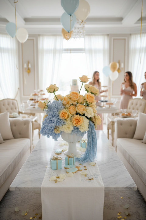 This sculptural bouquet features premium champagne roses in warm, buttery tones, delicately layered with voluminous blue hydrangea to create a cloud-like softness.