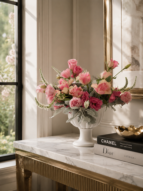Floral arrangement on a marble console table with Chanel and Dior books in a stylish interior setting.