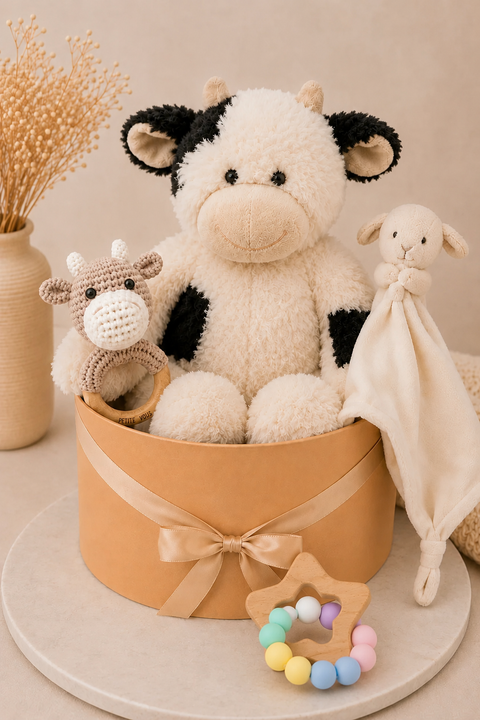 Cow and lamb baby hamper which includes a cow soft plush, a cow rattle and a lamb blanket
