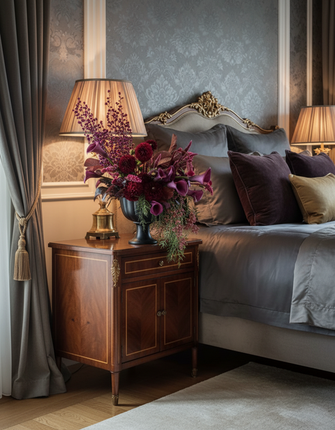 Luxury burgundy and plum floral arrangement
Featuring dahlias, calla lilies, and premium seasonal blooms in bedroom