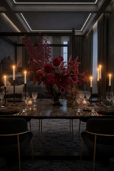 Luxury burgundy and plum floral arrangement
Featuring dahlias, calla lilies, and premium seasonal blooms in restaurant