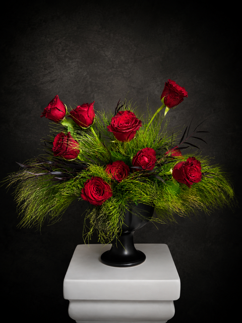 Luxury red rose arrangement with flowing green foliage in a matte black pedestal vase against a dark background
