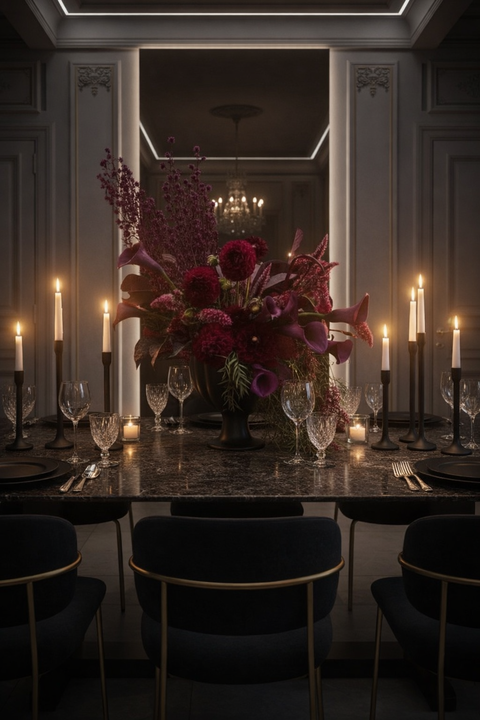 Elegant dining room with a centerpiece floral arrangement, candles, and dark chairs.