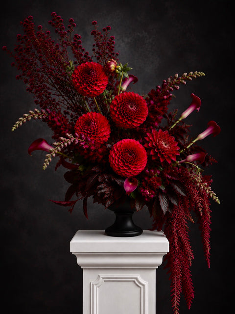 Luxurious burgundy red flower arrangement on white plinth 