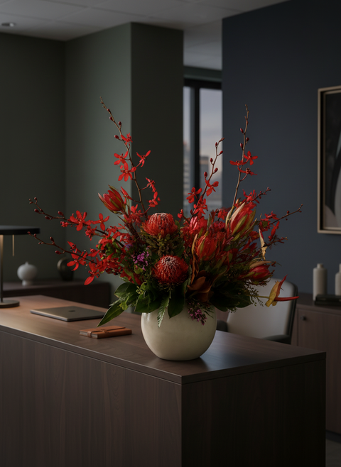 Floral arrangement in a vase on a desk in an corporate office setting