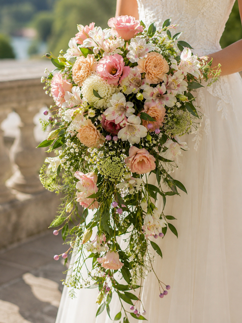 Garden inspired Wedding Bouquet of flowers held by a person in a wedding dress, with a blurred background