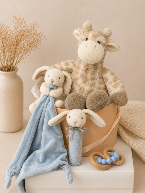 Children's toys including a plush giraffe, bunny, and baby comfort blanket in a bucket on a light surface.