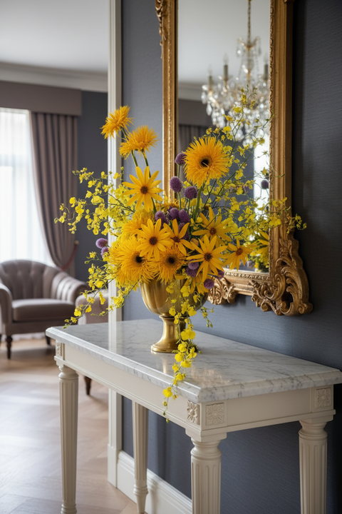 Bouquet of yellow and purple flowers in a gold vase. Featuring orchids and sunflowers