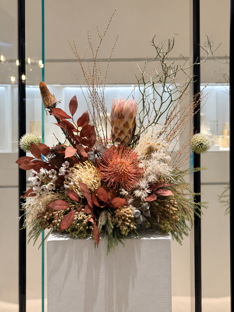 Luxury Australian native floral arrangement behind glass for the hardy brothers sydney featuring blush protea, coral pincushion flowers, cream Grevillea, rust-toned foliage and sculptural branches in a stone vessel on a black marble surface, by Elysian & Bloom in Sydne