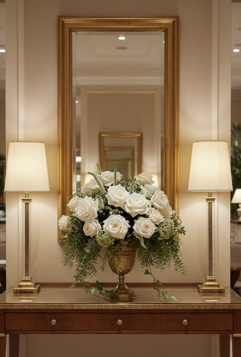 White Floral arrangement on a table with two lamps and a large mirror in the background.