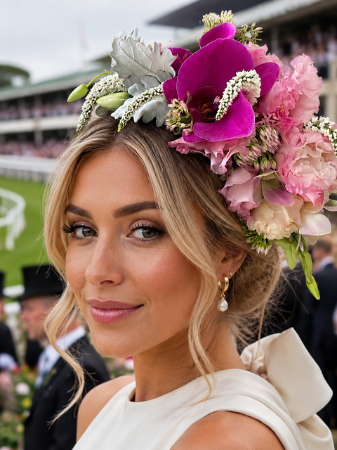 Woman with floral headpiece at a formal event