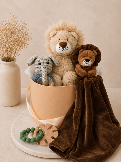 Lion cub baby hamper which includes Lion plush toy, Lion plush with blanket, elephant rattle and leaf ring rattle