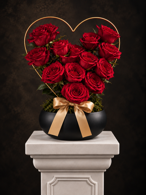 Luxurious Heart shaped red rose arrangement in black bowl with gold ribbon