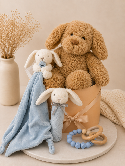 Stuffed baby toys hamper including a teddy bear, bunny, and blue comfort blanket on a beige surface.