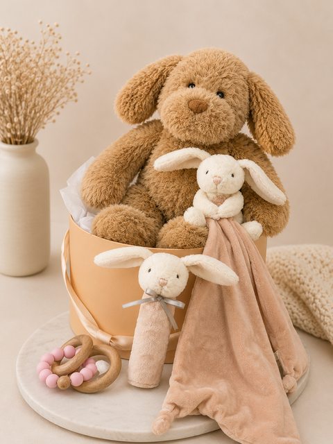 Stuffed dog, rabbit, and blanket in a hamper with decorative elements on a neutral background