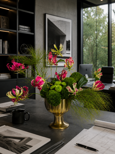 Decorative floral arrangement in a gold vase on a desk with office elements.