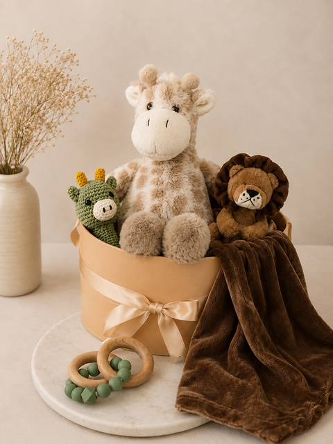 Children's toys hamper including a giraffe, lion, dinosaur and baby rattle in a decorative setup with a vase of dried flowers.