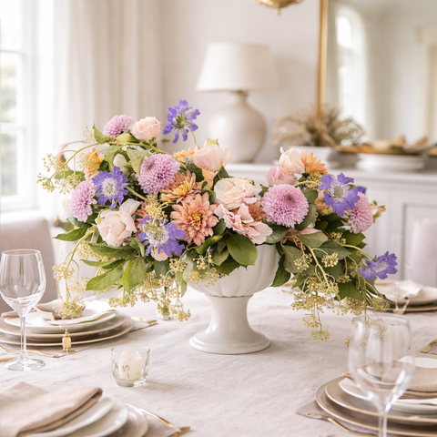 Garden style decorative floral arrangement on a table with white tablecloth and dinnerware.