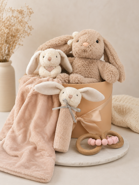 Three plush bunny toys and a baby blanket in a basket on a light surface. Luxury Bunny Baby Gift Hamper | Newborn Girl Gift Basket Australia