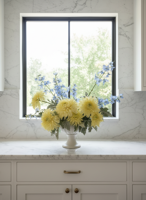 Vase with yellow and blue flowers on a marble countertop with a window in the background