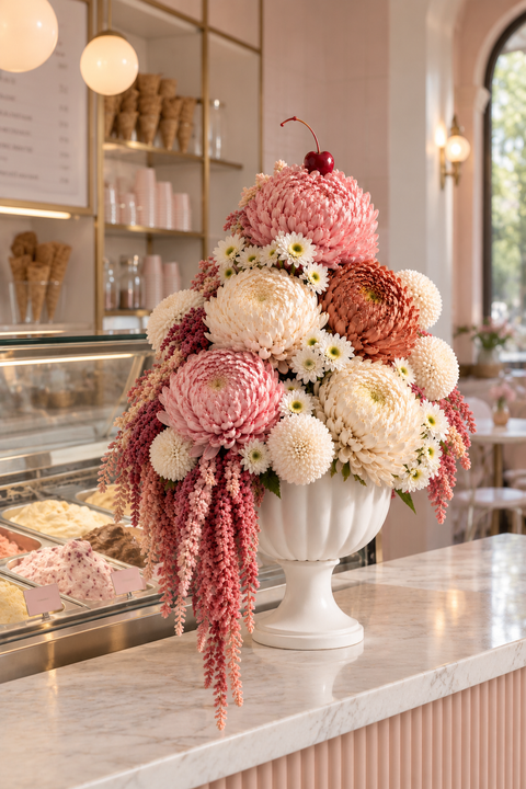 Napoletana Sundae luxury flower arrangement featuring pink, cream and caramel chrysanthemums with cascading pink botanicals in a white pedestal vase resembling an icecream sundae with a cherry on top