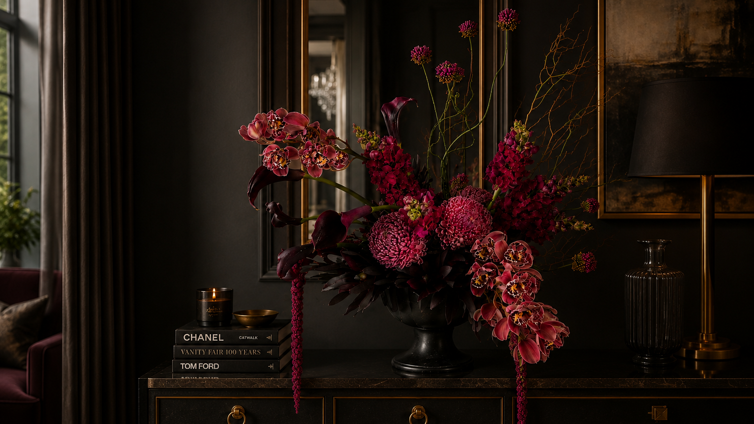 A dramatic floral arrangement in a dark vase on a console table, featuring deep magenta and burgundy flowers with dark foliage, set in a moody, dark room with a mirror, lamp, and books. Includes Cymbidium orchids, snapdragons and calla lilies