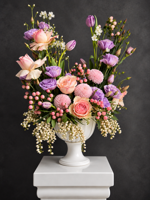 Purple and blush Garden Style Floral Arrangement with roses, tulipsand lisanthus