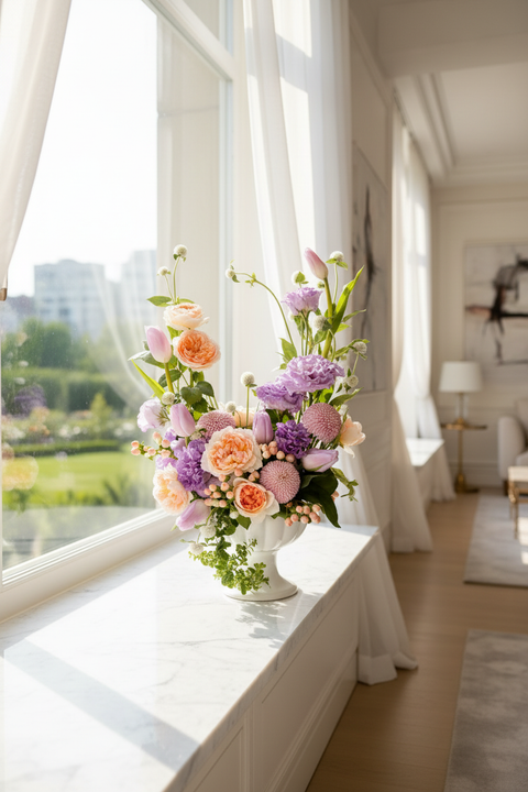 delicate peach garden roses paired with lilac-toned blooms and soft pink tulips in white vase on window sill