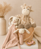 A styled nursery gift set featuring a plush giraffe, a plush bunny, a soft pink security blanket, a wooden teething ring, and a wooden teething toy with pink beads, arranged in a basket on a white block with dried flowers in the background.