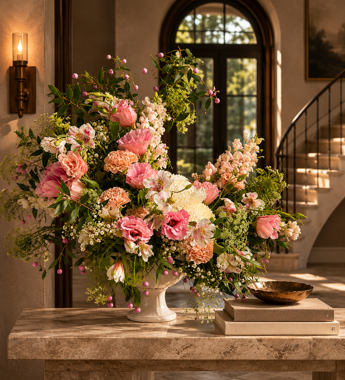 Pink and Peach, floral arrangement on a marble table with a staircase and window in the background, featuring lisanthus, carnations and alstroemeria