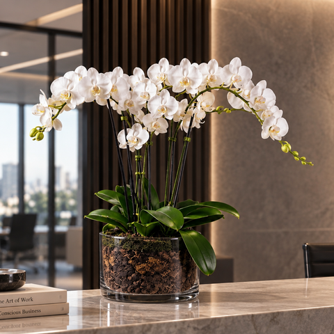 A glass vase filled with white orchids and green leaves sits on a marble reception desk in a modern office lobby. 