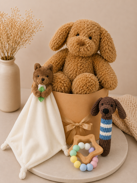 A styled baby gift set featuring a large caramel plush puppy toy sitting in a tan gift box, accompanied by a cream-colored plush blanket with a small brown teddy bear, a crocheted brown puppy toy with a blue and white striped scarf, and a wooden star bead teether.