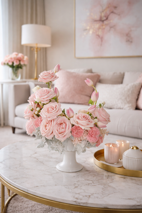 Pink floral arrangement on a marble coffee table in a stylish living room.
