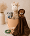 Baby Hamper including Safari giraffe plush, lion plush with blanket and elephant rattle and leaf baby teether.