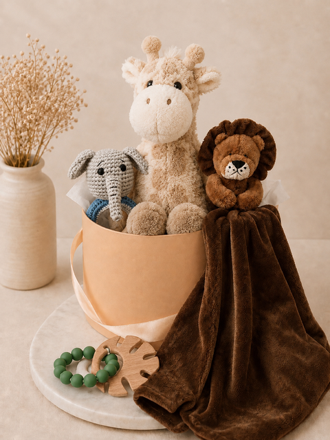 Baby Hamper including Safari giraffe plush, lion plush with blanket and elephant rattle and leaf baby teether.