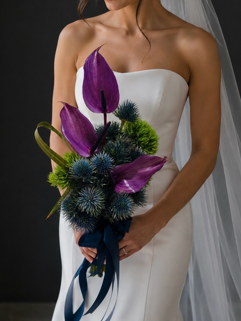 Bride holding a bouquet with purple  anthuriums and blue sea holly flowers and greenery against a dark background